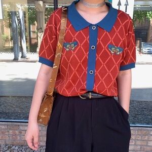 Chemical Girl Retro Argyle Knit Cardigan Top butterfly embroidery size small.